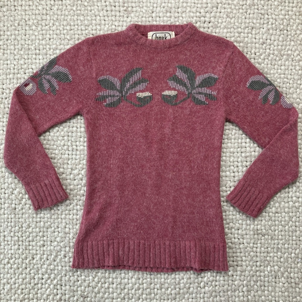 Vtg Womens Grandma Cottage Sweater Long Length Medium Pink 1980s